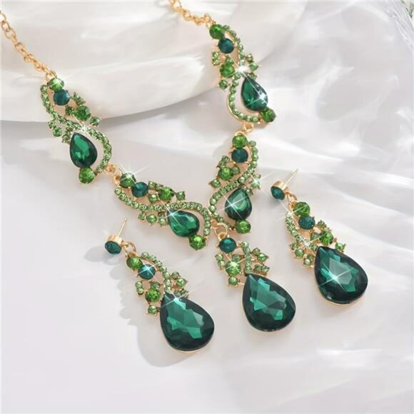 Green Necklace Earrings Dangle Drop Crystal Statement Wedding Bridal Jewelry Set - Picture 3 of 3
